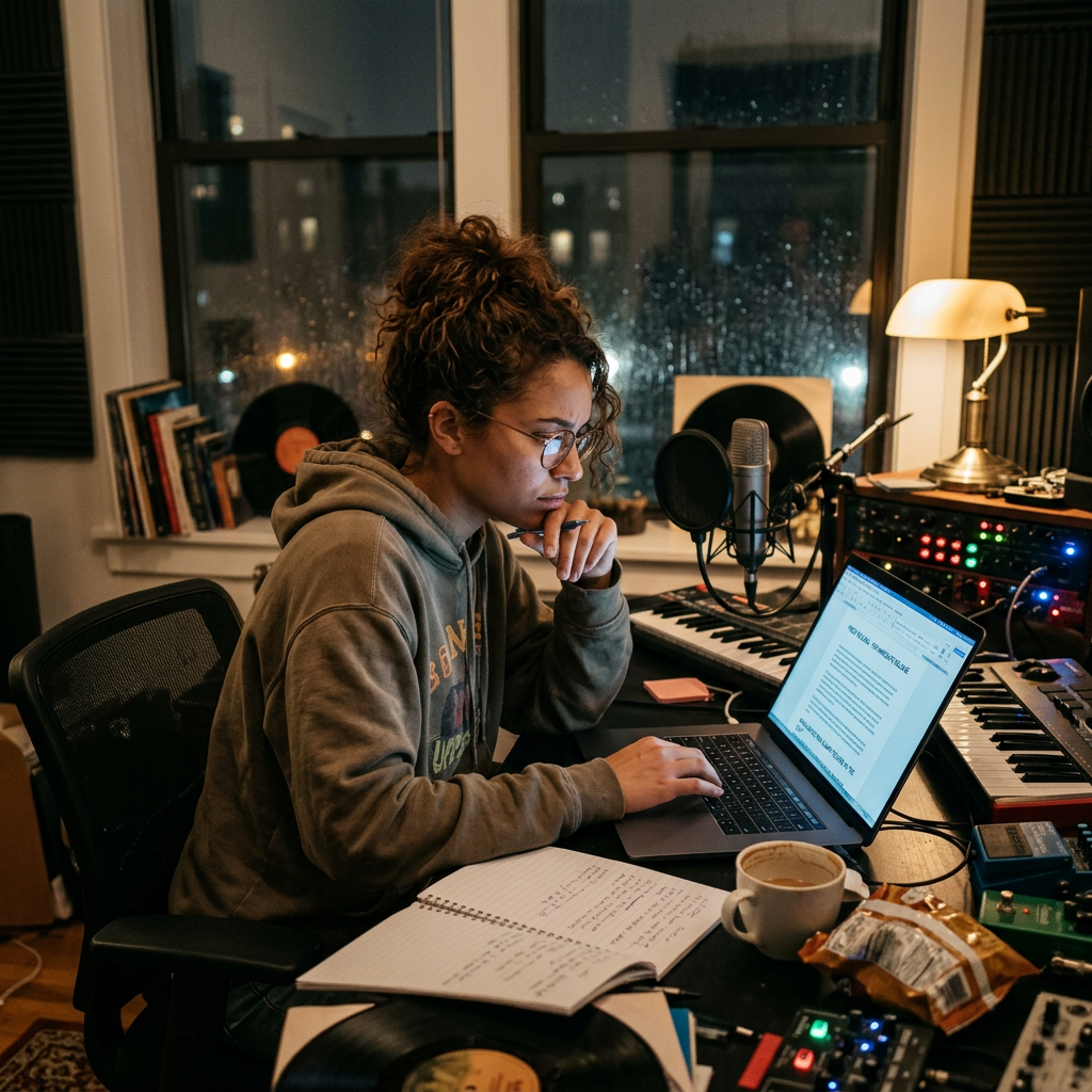 Musician writing and working on a laptop in a home recording studio
